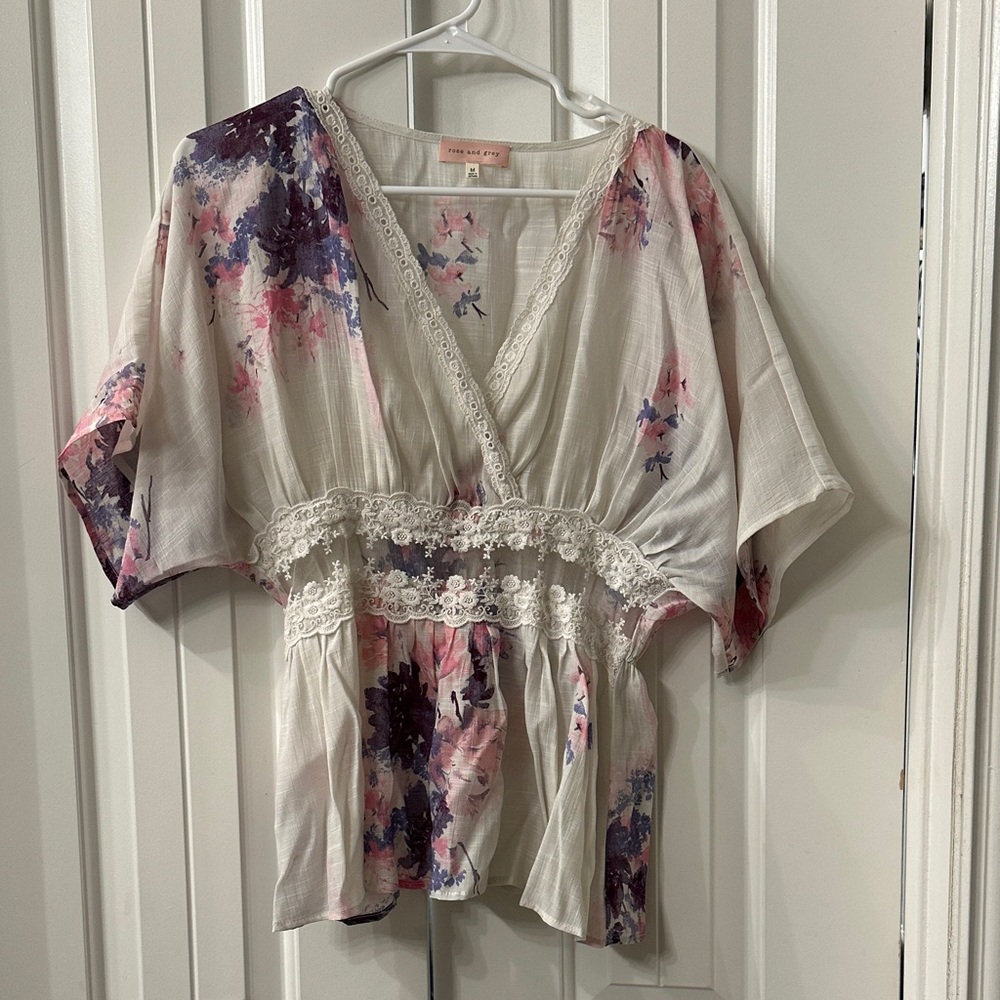 Rose and Grey Floral V-Neck Blouse - Pink and Purple
